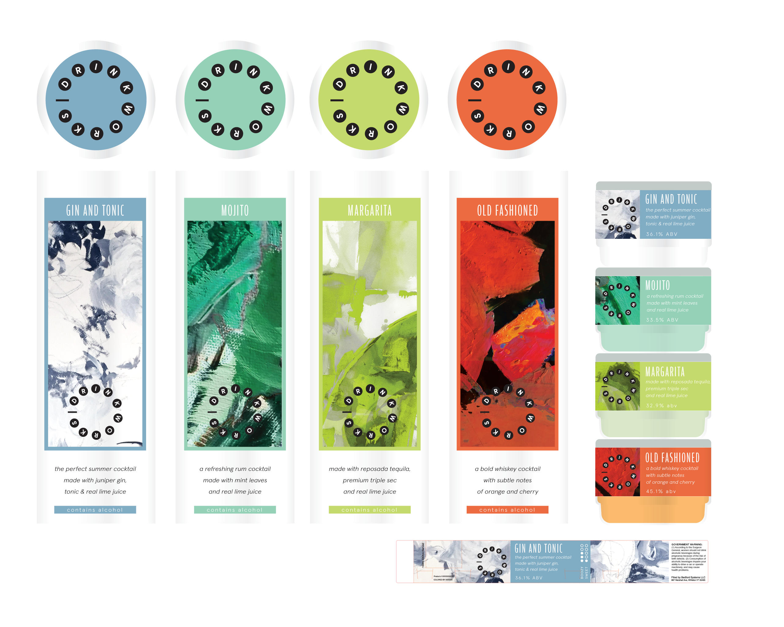 Solid color panels, descriptive copy, a small "Garnish me with…" speech bubble at the top.