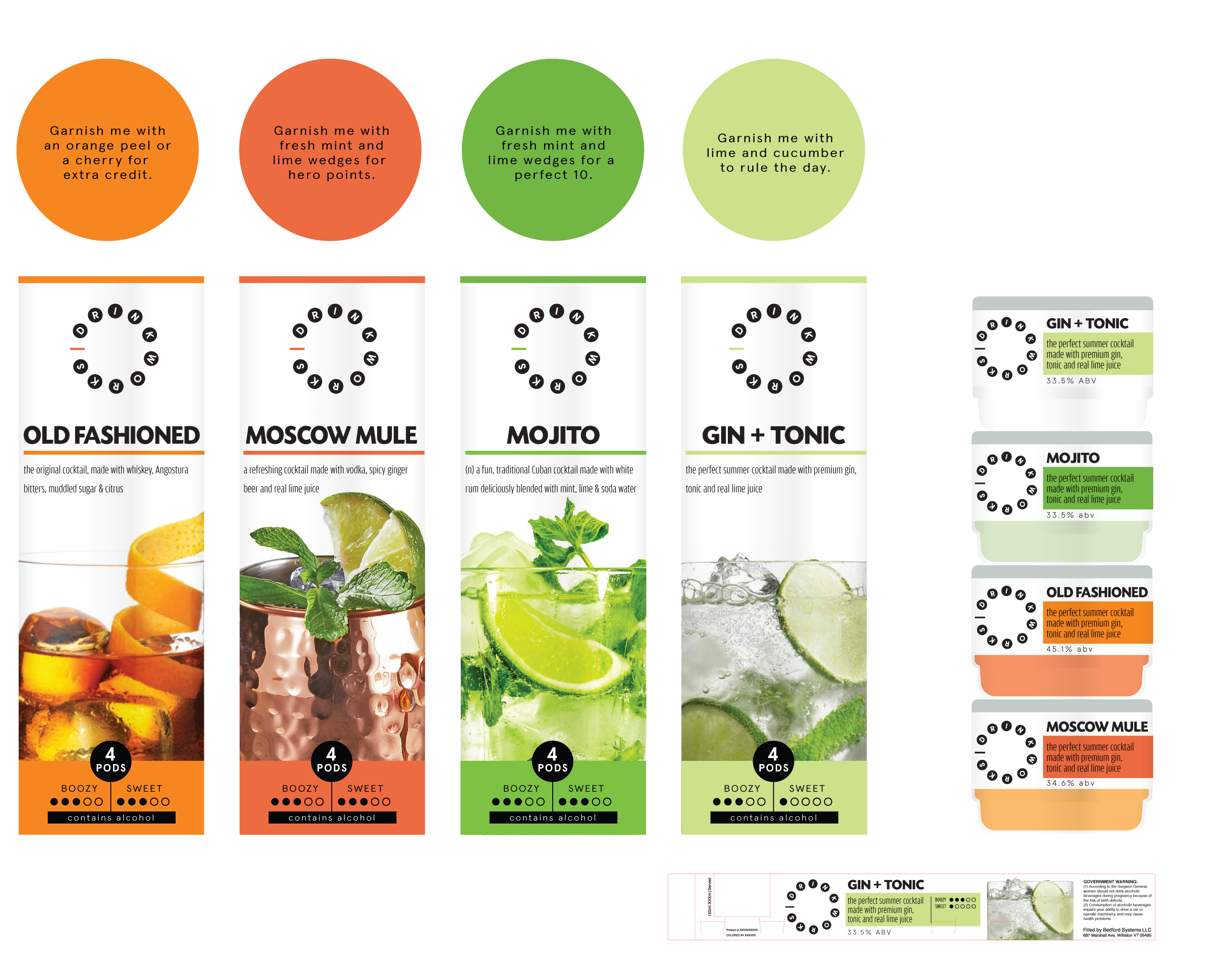 The same four cocktails as small painterly canvases — moody blue gin, fern-green rum, citrus-lime, fiery orange whiskey. My favorite of the five.