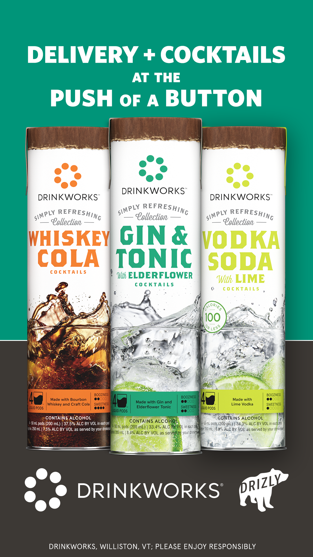 The four tube sleeves, each carrying a styled hero shot of the drink — Old Fashioned over orange, Moscow Mule over copper, Mojito over green, Gin + Tonic over lime. The chosen direction.