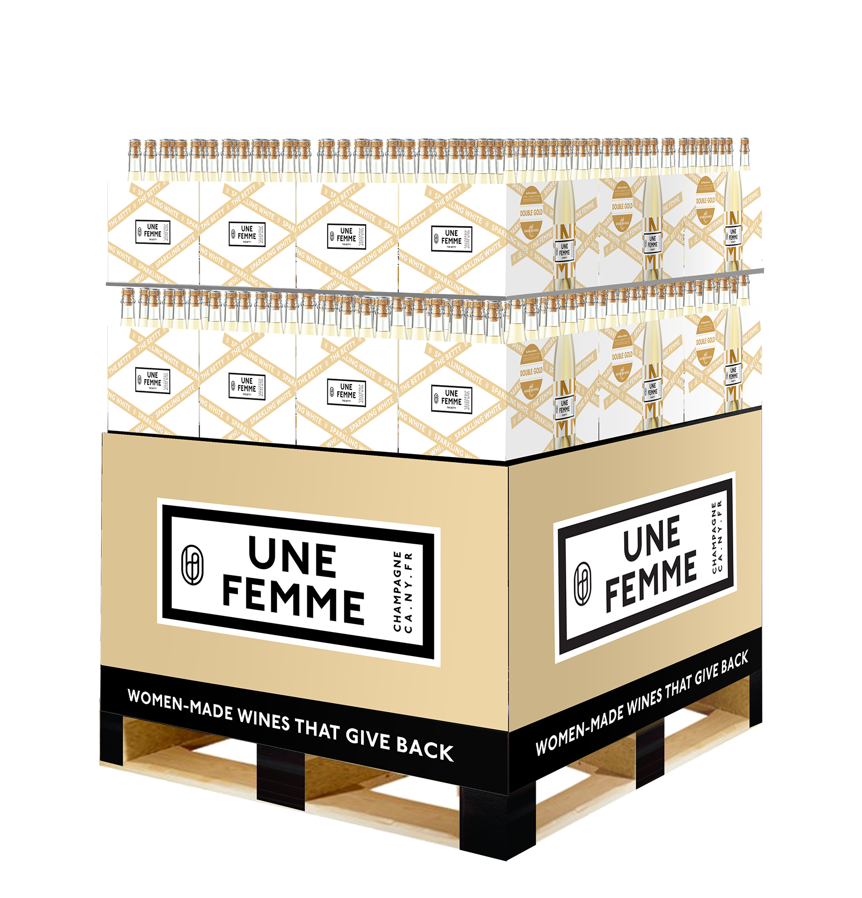 Champagne version of the same pallet system in cream — proof the system flexes by SKU while reading as one brand.