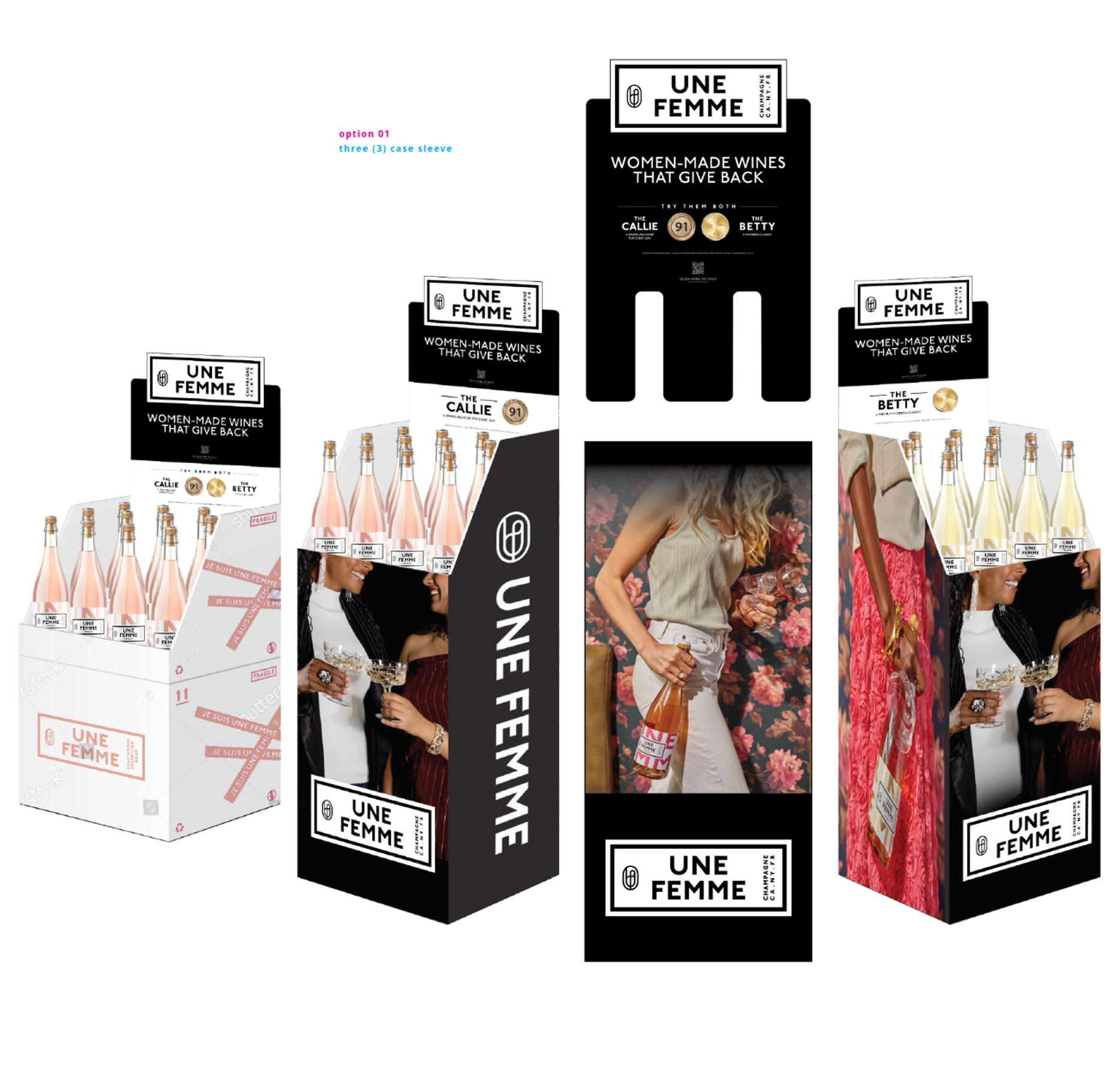 Case sleeves and end-cap units in three configurations, each carrying the wordmark frame and the "Callie" / "Betty" sub-line callouts.