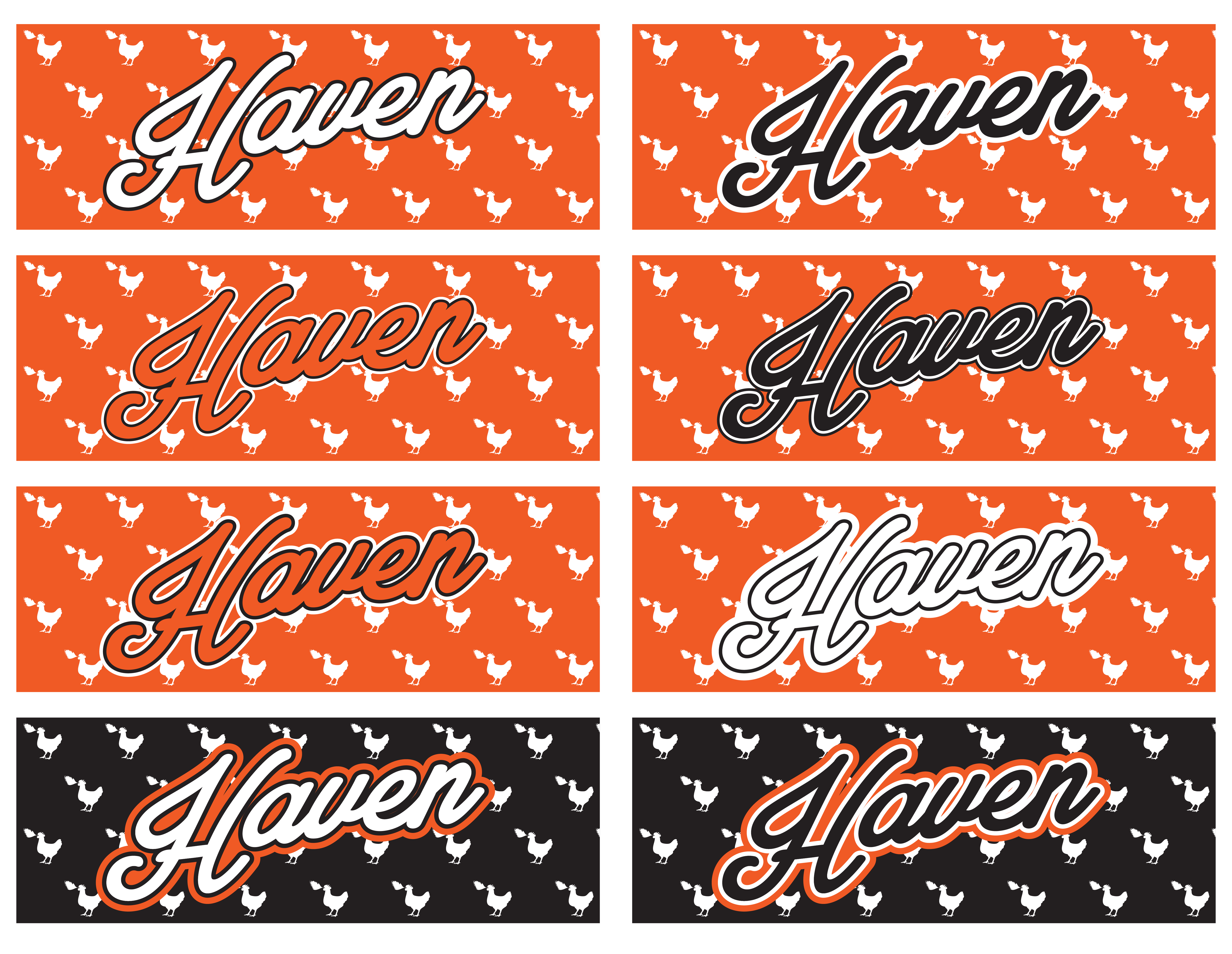 Orange field, chicken-and-flame pattern, wordmark in the chosen lockup.