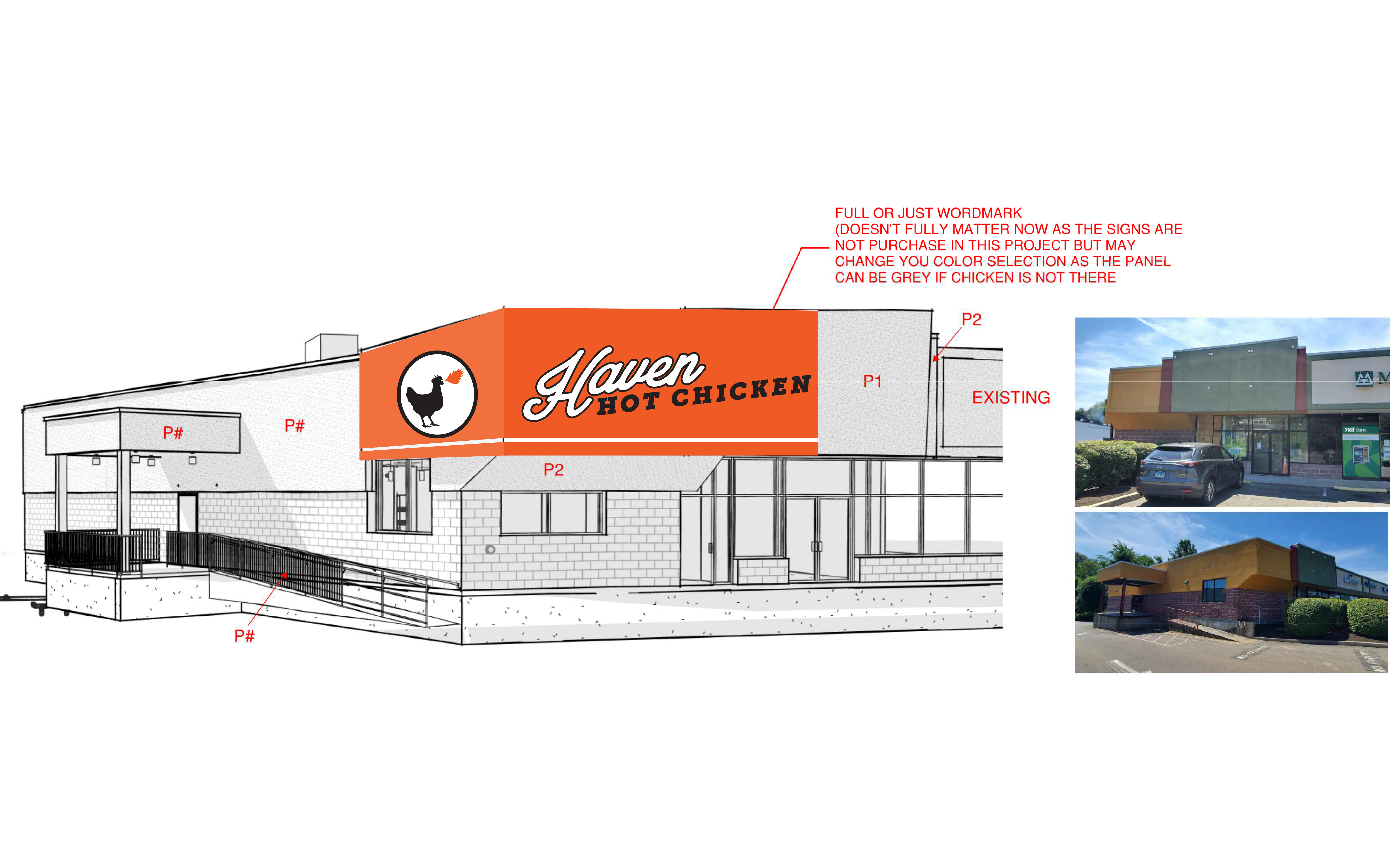 Front elevation of one store, orange band signage and a mural-scale chicken silhouette to the right of the entry.